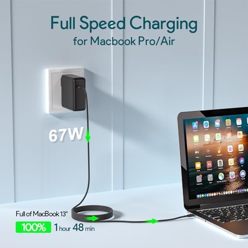 High-Speed 67 W USB-C Charger for Mac Book Pro & Air – Compatible with 13/14 Inch Models, Includes 6.6 ft USB-C Cable for Rapid Charging and Data Transfer – Versatile Power Adapter for 12 Inch Mac Book and All USB-C Devices – Enhanced Safety Features & Smart Charging Technology for Optimal Performance
