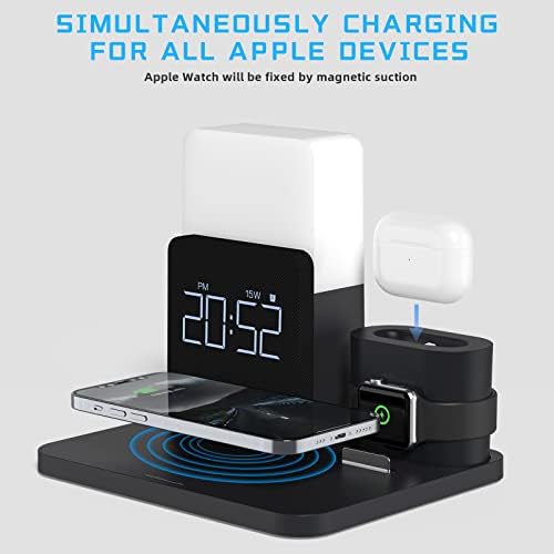 LAVONE 3-in-1 Fast Wireless Charging Station with Digital Alarm Clock & Adjustable Night Light – Ultimate Qi-Compatible Dock for i Phone 15/14/13 Series, Apple Watch, Air Pods & Samsung Devices – Stylish Multi-Functional Charging Solution with Cable Management and Soft Atmosphere Lighting