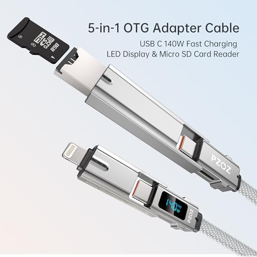 PZOZ 5-in-1 Portable OTG Cable: Fast Charging Keychain Hub with USB-C, Lightning, USB A, Micro SD/TF Reader & LED Display – 140 W Power Delivery for Ultimate Device Compatibility and On-the-Go Convenience