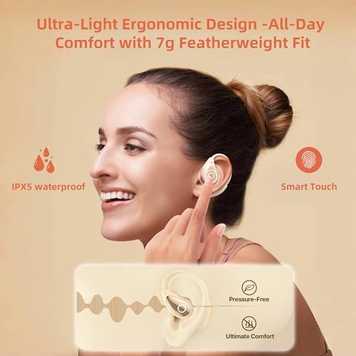 Stylish Pink Bluetooth Earbuds for Active Women – High-Performance Sports Headphones with 36-Hour Battery Life, IPX7 Waterproof Design, Secure Over-Ear Hooks, and Touch Control – Ideal for Gym, Running, and HD Sound Experience with Quick Charge Feature