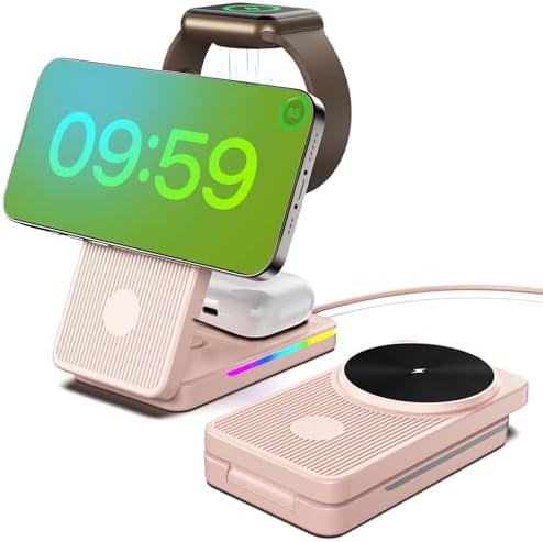 3-in-1 Foldable Mag-Safe Wireless Charging Station for i Phone 16 Pro Max, 15, 14, 13, 12 – Seamless Nightstand Charger for Air Pods & i Watch – Compact Multi-Device Power Hub in Sleek Black Finish for Enhanced Efficiency and Travel Convenience