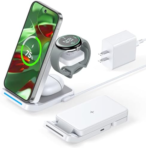 Foldable 3-in-1 Wireless Charging Station for Google Pixel Watch 1 st – 15 W Fast Charger for Pixel 9 Pro/XL, 8/7/6 Series, and Pixel Buds Pro/2 – Compact Travel Design with QC 18 W Adapter – Perfect for Home and Office Use