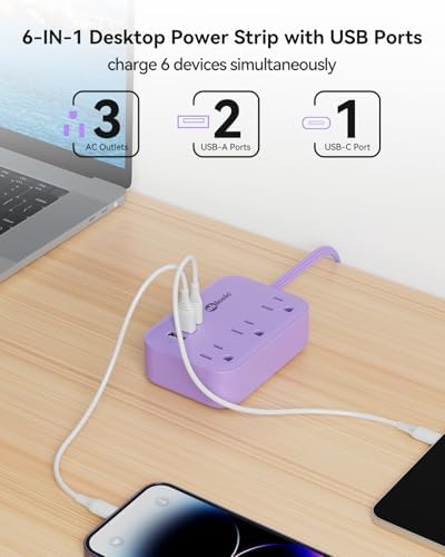 Compact PD 20 W USB C Travel Power Strip with Flat Plug Design, 3 AC Outlets & 3 USB Ports for Rapid Charging – Ideal Cruise Ship Essential & Versatile Charging Station for i Pad Pro, i Phone, Samsung Devices – 3 FT Short Extension Cord for Convenient Use