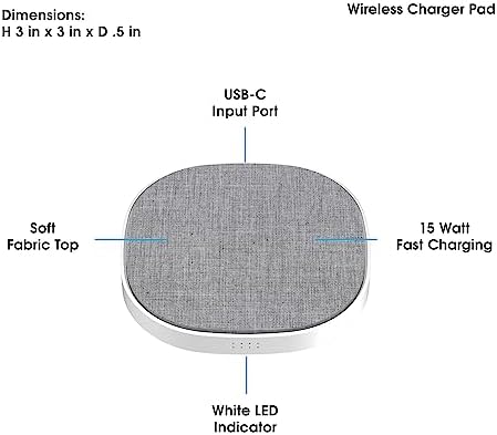 Novo Wireless Charging Pad – 15 W Fast Charge with Elegant Linen Gray Fabric, Compatible with i Phone 16/15/14/13/12/11, Samsung S24, Air Pods & Qi Devices – Stylish Design for Home & Office Efficiency