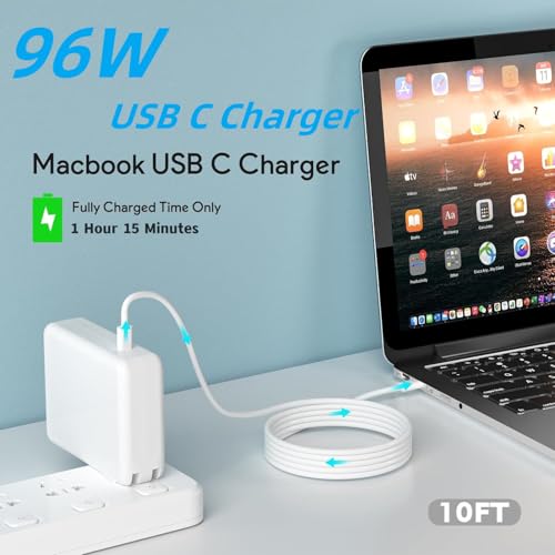 High-Efficiency 96 W USB-C Mac Book Charger with 10 ft 140 W Cable | Ultra-Fast Charging for Mac Book Pro & Air | Compact Folding Design for Easy Portability | Universal Compatibility with M1, M2, M3 Models & i Pad Pro | Enhanced Safety Features for Reliable Performance