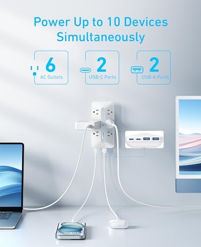 Anker 10-in-1 Wall Charger with 300 J Surge Protection – Versatile Desk Charging Station Featuring 6 AC Outlets, 2 USB-A, and 2 USB-C Ports for Fast 20 W Charging – Ideal Home Office and Dorm Room Essential with Enhanced Compatibility for All Devices
