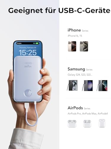 Slim Pink Portable Charger 10000 m Ah – USB-C Power Bank with Built-in Cable & LED Display for Fast Charging – Travel-Friendly Battery Pack Compatible with i Phone 16, 15, Samsung S24, S23 – Ultimate Convenience & Style