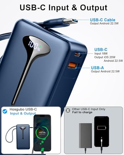 High-Capacity 10000 m Ah USB-C Power Bank with 22.5 W Fast Charging – Travel-Ready Portable Charger Featuring Built-in Cables, Triple Output Ports & HD LED Display for Efficient Device Charging on the Go