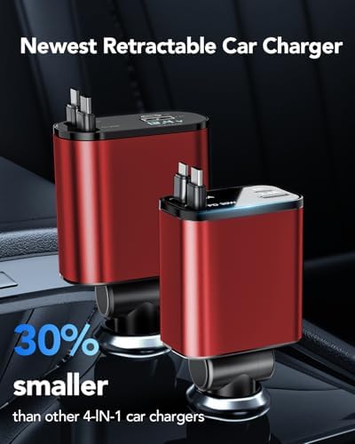 2025 Ultra-Compact 4-in-1 Retractable Car Charger – 69 W Fast Charging Adapter for i Phone 16, Galaxy and More – Innovative Space-Saving Design with Multiple Ports for Simultaneous Device Powering – Essential Car Accessory for Daily Commutes and Road Trips