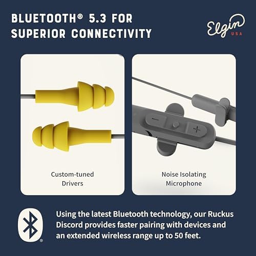 Elgin Ruckus OSHA Compliant Wireless Bluetooth Earplug Headphones – Advanced Noise Cancelling Earbuds with 25 d B Hearing Protection, 12-Hour Battery Life, and IP65 Sweatproof Design for Professionals – Superior Audio Clarity and Communication for Workplace Safety and Outdoor Adventures