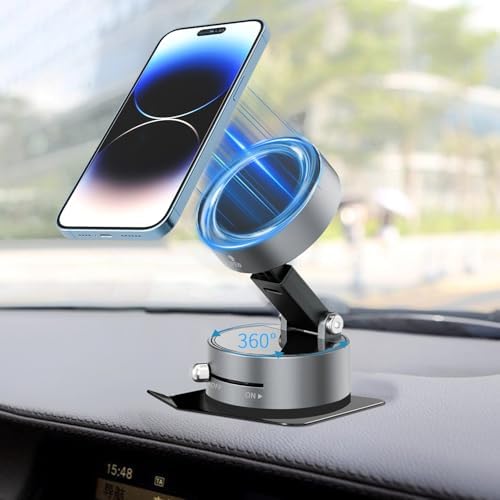 Vacuum Magnetic Phone Stand for Car Mount,【360°Rotatable】Suction Cup Cell Phone Holder for Women Men iPhone Samsung Huawei【Waterproof】Foldable Phone Mount for Car Accessories/Shower/Desk/Mirror (Grey) – Enhanced Compatibility and Speed