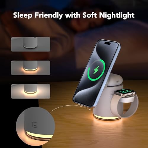 HATALKIN 4-in-1 Wireless Charging Station with Integrated Night Light – Fast Charging Dock for i Phone 12-16 Pro/Max, Apple Watch Series 6-Ultra, Air Pods – Sleek Design for Effortless Device Organization and Ambiance Enhancement