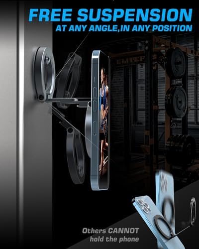 Mag Safe-Compatible Dual Magnetic Phone Holder for i Phone 12-16 Series – Portable Gym Stand with 1/4″ Tripod Mount in Sleek Silver – Ultimate Stability and Accessibility for Active Lifestyles