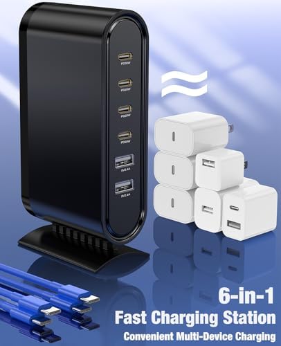 High-Power 96 W Multi-Device Charging Station – 6-Port USB-C Fast Charging Hub with 6 ft Cables for i Phone 16, 15 Pro Max, Samsung, Android & i Pad – Sleek Black Organizer for Home & Office Use – Rapid Charging Solution to Eliminate Cable Clutter