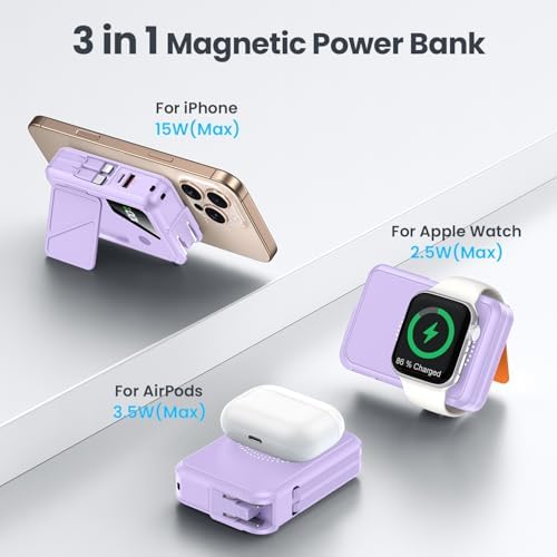 Revolutionary 3-in-1 Magnetic Wireless Power Bank – 10,000 m Ah Capacity with Built-in Cables and AC Plug – 22.5 W Fast Charging for i Phone 15/14/13/12, Apple Watch, and Air Pods – Ultimate Travel Companion for Seamless Device Charging