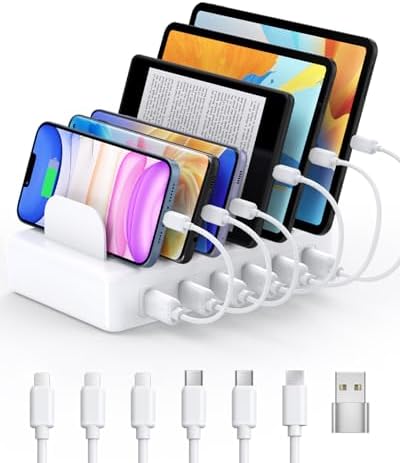Ultimate 50 W Multi-Device Charging Station with 6 USB Ports & Cables – Space Gray Fast Charging Dock for i Phone, i Pad, Kindle, and More | Efficient Power Hub for Home, Office & Travel – Compact Design with Safety Features