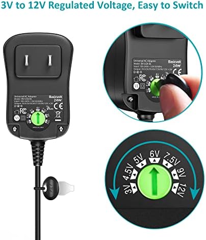 Efficient Multi-Voltage Universal AC/DC Adapter with 11 Interchangeable DC Plugs – Regulated Power Supply for Household Electronics, 2.0 A and 24 W Output for Optimal Device Compatibility and Quick Charging Solutions