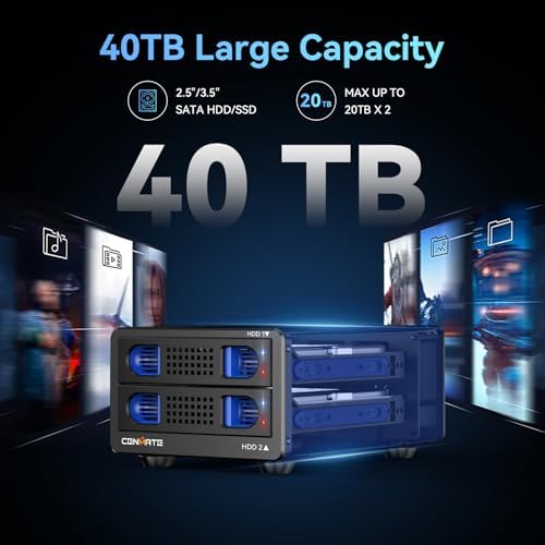 High-Performance Aluminum Dual Bay Hard Drive Enclosure – 10 Gbps USB 3.2 Gen 2 with Cooling Fan for 2.5”/3.5” SATA HDD/SSD, Hot Swappable & Daisy Chain Expansion, Tool-Free Setup for Seamless Data Management