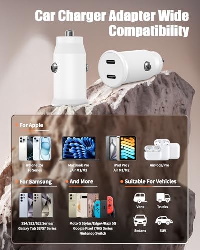 Dual-Port 45 W USB C Car Charger Adapter for Apple Devices – MFi Certified Fast Charger with 3 ft Lightning Cable (Pack of 2) – Rapid Charging for i Phone 14/13/12/11 Pro Max, i Pad, and Air Pods – Durable & Portable Power Solution for On-the-Go Lifestyle
