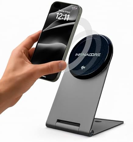Infina Core Magnetic Wireless Charger Stand for Apple Devices – Qi2 Certified 15 W Fast Charging Dock for i Phone and Air Pods – Sleek, Durable Bedside Charging Station with Magnetic Alignment and Seamless Mag Safe Compatibility – Organize Your Tech Effortlessly