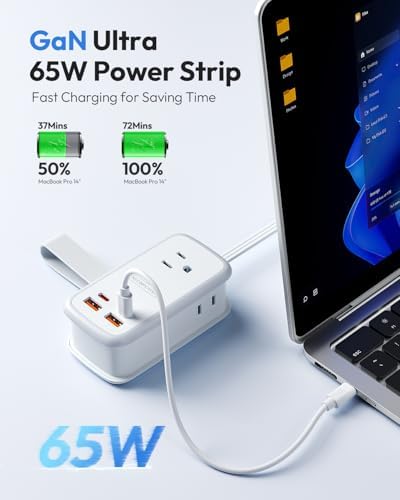 NTONPOWER GAN Ultra 65 W USB Charging Station – 7-in-1 Travel Power Strip with 3 AC Outlets & 4 USB Ports (2 USB-C) – Fast Charging Desktop Solution with 4 ft Extension Cord – Ideal for Mac Book, i Phone, and More – Compact, Durable & Versatile Power Hub for Home & On-the-Go Charging