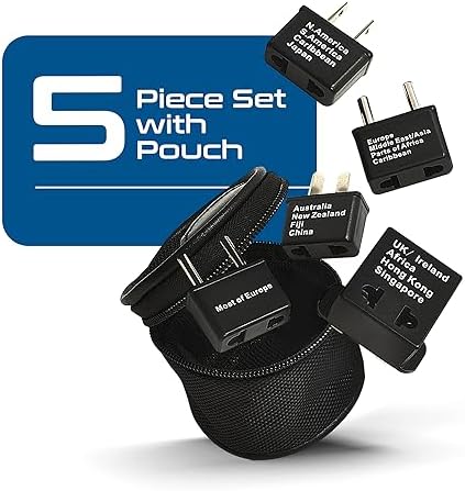 Ultimate 5-Piece Worldwide Travel Plug Adapter Set by Ceptics – Essential for Global Travelers with Enhanced Compatibility for Cell Phones, Laptops & Chargers – Ideal for Use in Over 50 Countries Including Europe, Asia & Africa – Compact Design with Travel Pouch for Easy Carrying – No Voltage Conversion Needed – Stay Powered Anywhere You Go!