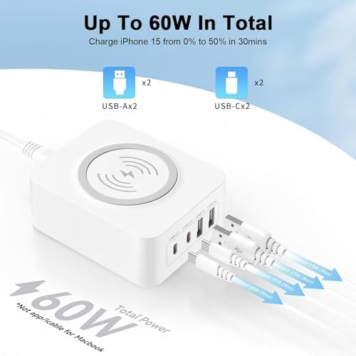 Advanced Multi-Port USB Charging Station with 60 W Fast Charging and 15 W Wireless Pad – Dual PD USB-C and QC USB-A Ports for Efficient Power Delivery to Samsung S25, i Phone 16 Pro Max, and More – Compact Design for Home, Office, and Travel Use – Streamline Your Charging Experience with Enhanced Compatibility and Speed
