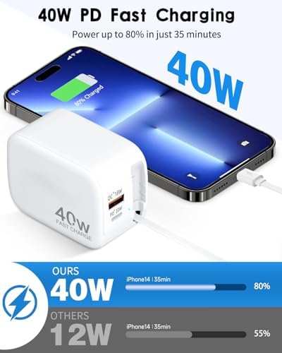 40 W Retractable Wall Charger with 35.4-Inch Lightning Cable – Fast Charging Solution for i Phone 14, i Pad, Pixel, and Galaxy – 3-Port USB-C Charging Block with Compact Foldable Plug for Ultimate Portability and Enhanced Compatibility