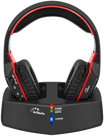 Unleash the Power of Sound with Wallar Ge Long-Range Wireless Over-Ear Headphones – Effortless Setup with RF Transmitter, 100 Ft Wireless Freedom, and 20-Hour Rechargeable Battery Life for Uninterrupted Entertainment – Luxurious Comfort in Sleek Black/Red Design, Compatible with All TV Brands for an Immersive Audio Experience