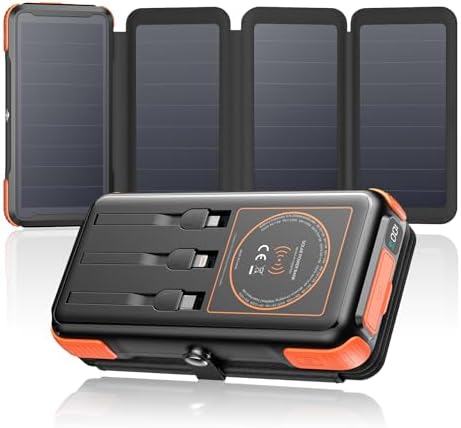 Ultimate SOARAISE 25000 m Ah Solar Power Bank: Fast Wireless Charging with Built-in Cables, Dual USB Outputs, 4 Solar Panels & Triple LED Flashlights for Outdoor Adventures – Reliable Portable Charger for Camping & Emergencies