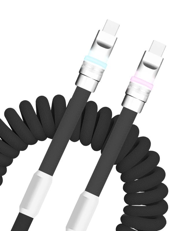 Neon Chubby Spiral Charge Cable – Vibrant 2.29-3.6 FT Type-C Coiled Charger for USB-C and Carplay Devices, Fast Sync and Charge, Tangle-Free Design in Bold Purple and Light Green, Perfect for Smartphones and Tablets