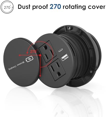 Elevate Your Workspace with a 15 W Wireless Charging Recessed Power Grommet – 20 W USB-C Fast Charging Station, Dual AC Power Outlets, Sleek Flush Mount Desk Power Solution for Tidy Cable Management and Enhanced Efficiency in Office and Home Environments