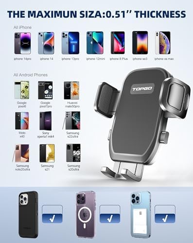 TOPGO Pro Car Phone Mount – Versatile Adjustable Height Cup Holder for i Phone 16 Pro Max & All Smartphones – Sturdy, No-Wobble Design for Safe Hands-Free Navigation – Sleek Black Finish for Modern Interiors