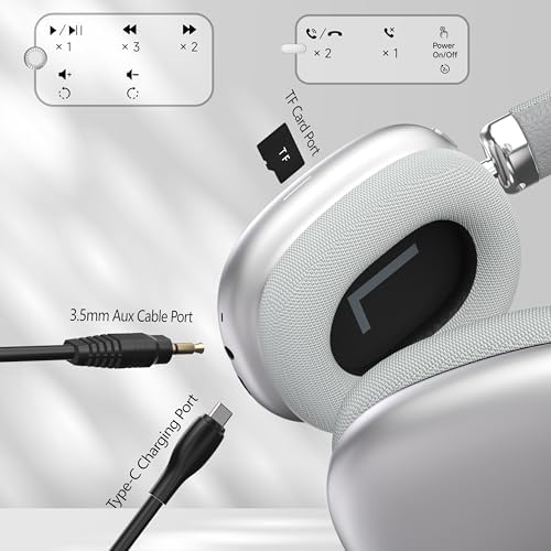 Ultimate Comfort Over-Ear Bluetooth 5.3 Headphones – Lightweight Wireless Headset with Adjustable Fit and Built-In Microphone for Gaming, Travel, and Sports – Seamless Compatibility with i Phone, Android, and Samsung Devices (Silver)