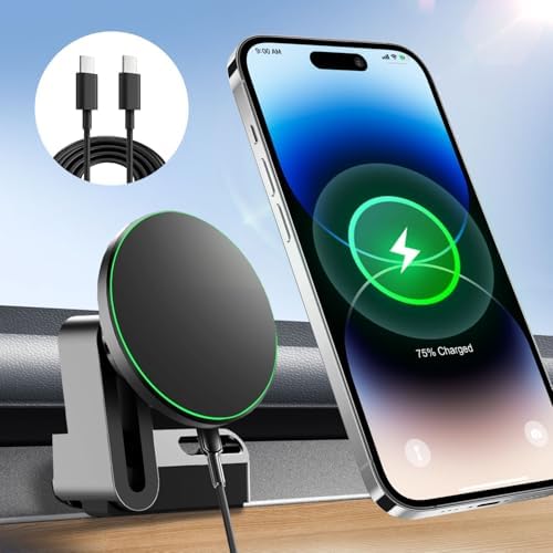 15 W Wireless Fast Charging Magnetic Phone Mount for Tesla Model Y & Model 3 – Ultimate Holder for i Phone 12-16 & Android Devices, Includes 5 ft USB-C Cable, Perfect for Safe Navigation and Hands-Free Use – Modern Tesla Accessory