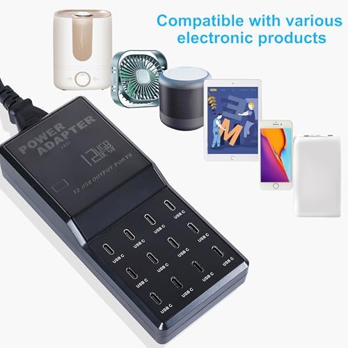 65 W 12-in-1 USB-C Charging Station for i Phone 16 Pro/Max, Mac Book Pro/Air & i Pad Pro | High-Speed Multi-Device Desktop Charger with 12 USB-C Ports & 5 ft Flat Power Cord | Perfect for Home & Office Efficiency and Clutter-Free Charging Solution