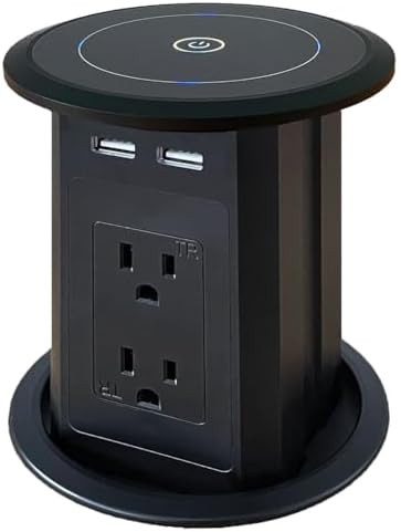 ZESHAN Sleek Pop-Up Power Outlet with 15 W Wireless Charging Station – Dual US Outlets, USB A & USB C PD Fast Charging Ports for Effortless Connectivity at Home or Office – Ideal for Conference Tables and Kitchen Counters, Modern Black Finish