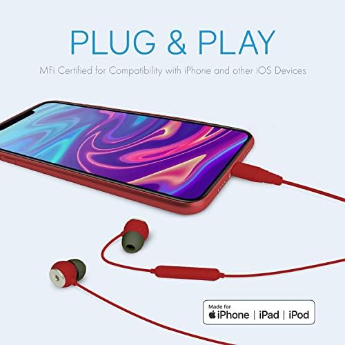 Premium Lightning Earbuds – Apple MFi Certified In-Ear Headphones with Enhanced Bass, Built-In Microphone for Hands-Free Calling, and Track Controls – Vibrant Red for Ultimate Style and Compatibility