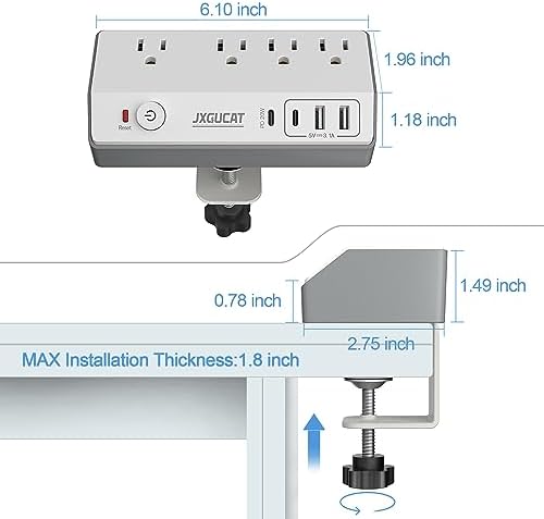 Maximize Your Workspace Efficiency with JXGUCAT Desk Clamp Power Strip – 20 W USB-C Fast Charger with 10 ft Extension Cord, 4 Outlets & 4 USB Ports, Surge Protector Ideal for Clutter-Free Desktop Setup, Fits Tabletops Up to 1.8 inches Thick