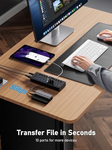 Lemorele 10-Port USB 3.0 Powered Hub – Ultimate 24 W USB Splitter with Individual LED Switches for Smart Device Management, Achieve 5 Gbps Data Transfer & 5 V Charging for Phones, Power Banks, and More – Ideal for Home Offices and Professionals Seeking Efficiency