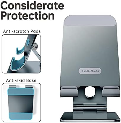TOPGO Adjustable Cell Phone Stand, [Fully Foldable & Wide Compatibility] Desktop Stand Holder with Charging Port for iPhone, iPad, Kindle, Tablets, Switch – Silver – Enhanced Compatibility and Speed
