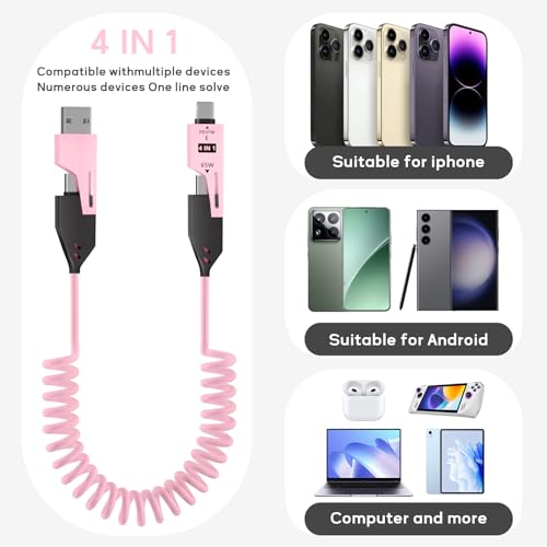 Versatile 4-in-1 Coiled USB C Cable – 4 ft – 65 W Fast Charging Solution for Phones, Laptops, and More – Durable Liquid Silicone Design in Pink – Tangle-Free Convenience, 2-Pack for Enhanced Compatibility and Speed