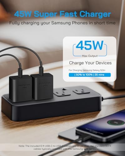 Dual Pack 45 W USB-C Fast Charger with 6 FT Type C Cable – Optimal Charging Solution for Samsung Galaxy S24/S23/S22 Series – High-Efficiency Charger Block for Rapid Power Delivery and Enhanced Device Compatibility – Ideal for Home and Travel