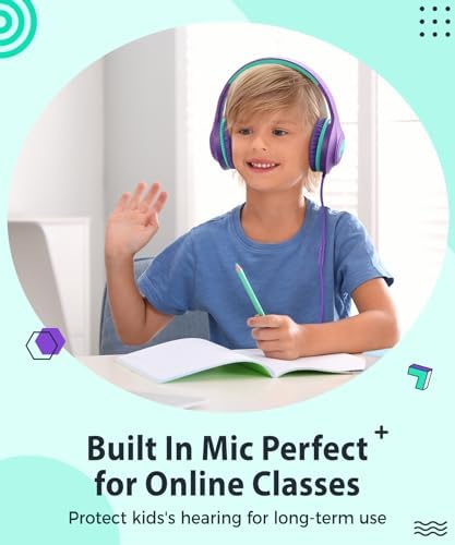 Rockpapa C24 Foldable Kids Headphones with Microphone – Lightweight Wired Audio Solution in Eye-Catching Purple & Green for School, Travel, and Play – Ideal for Young Listeners with Enhanced Compatibility and Superior Portability