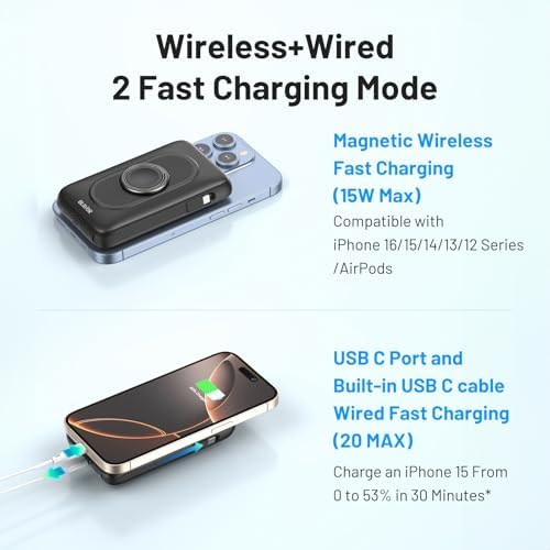 Magnetic Wireless Power Bank for Apple Devices – BLAVOR 10,000 m Ah Portable Charger with Built-in Cables and 20 W Fast Charging, Seamless Compatibility for i Phone 16/15/14/13/12 and Apple Watch, Integrated Stand for Hands-Free Use, Sleek White Design – Ultimate Convenience for On-the-Go Charging