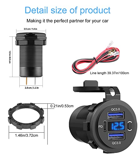 High-Performance 12 V Dual USB Car Charger with Quick Charge 3.0 and USB-C Port – Compact Voltmeter & Power Switch for Enhanced Safety in Cars, Boats, and Trucks – 2 Pack for Fast and Versatile Charging Solutions