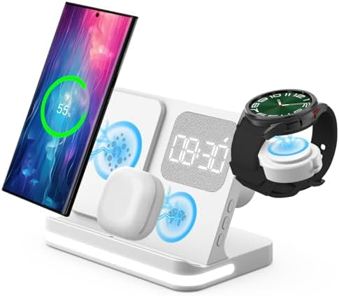 Revolutionize Your Charging Routine with the 4 in 1 Wireless Charging Station Featuring Integrated Alarm Clock – Fast, Reliable Charging for Galaxy Watch 7/Ultra/FE/6 Pro, Galaxy S25/Ultra/S25+/S24/S23/Note 20/Z Flip 7/6/5 Fold 6 & Galaxy Buds 3/2/Pro – Space-Saving Design for Multiple Devices, Enhanced Compatibility & Speed
