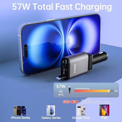 Ultra-Slim Flexino Retractable Car Charger – 57 W Fast Charge for i Phone 16/15, Galaxy, Pixel – Dual USB-C Ports for Concurrent Charging – Compact & Tangle-Free Design – Essential Travel Accessory for Seamless Connectivity