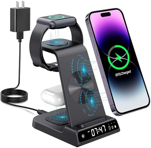 Elevate Your Charging Setup with the Yi JYi 3-in-1 Wireless Charging Station – Fast Charge Your Apple Watch, Air Pods Pro, and i Phone 16/15/14/13/12/11 Pro Max/Samsung Galaxy S23/S22/S21 in a Sleek, Space-Saving Dock Featuring Built-in Digital Clock for Effortless Organization and Modern Style – Perfect for Tech Enthusiasts Seeking Efficiency and Elegance