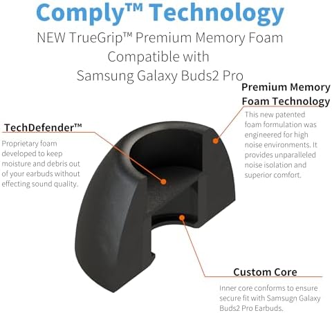 Comply True Grip Memory Foam Earbud Tips for Samsung Galaxy Buds2 Pro | Premium Comfort & Advanced Noise Isolation | Secure Fit with Maintenance Tool | Black, Medium (3 Pairs) – Transform Your Audio Experience Today